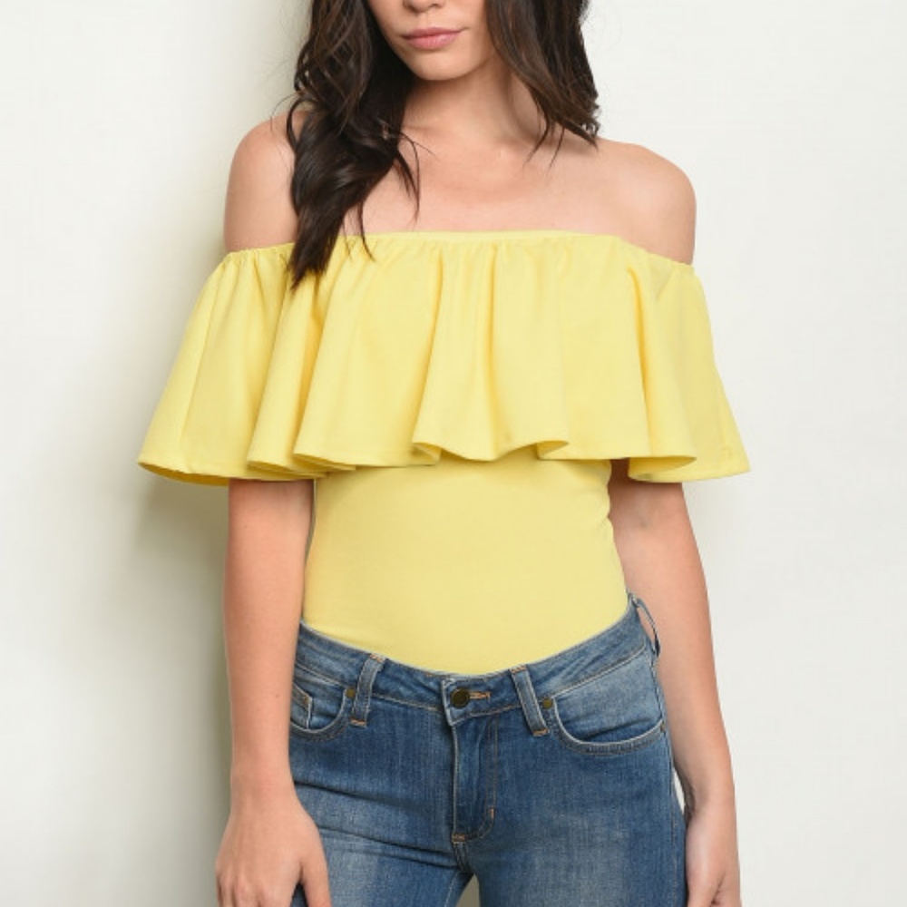 YELLOW OFF SHOULDER RUFFLE BODY SUIT - Picture 2 of 8